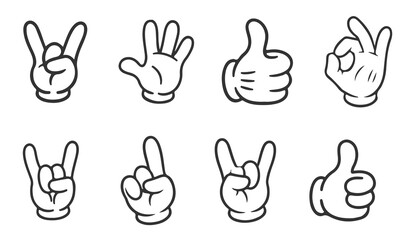 Obraz premium Cartoon Hand Gestures Set, Vector Outline Illustration, White Glove Icons Collection.