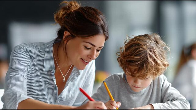 Learning and creativity time between a mother and son in a bright indoor space