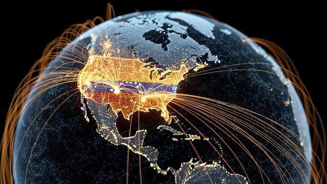 Abstract digital visualization showing interconnectedness and global networks with glowing lights and data streams - Powered by Adobe