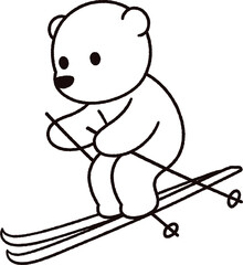 Cute cartoon skiing bear drawing. Hand drawn doodle style black and white line art. Funny winter sports character, simple vector illustration.
