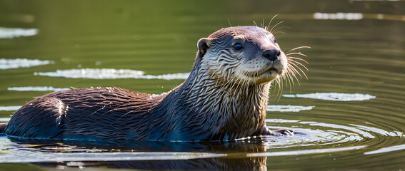 River otter playful in water with reflection visible smooth ripples joyful energy