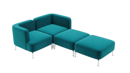 Modern teal sectional sofa with ottoman isolated on transparent background