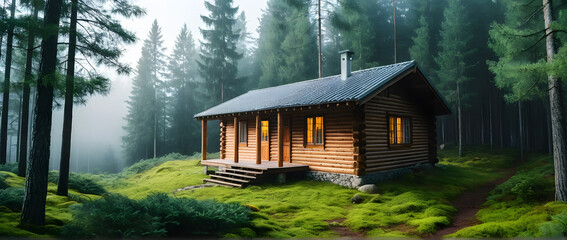 A small wooden cabin nestled in dense pine forest misty morning peaceful solitude