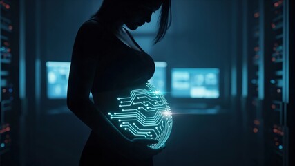 Pregnant Woman Silhouette with Digital Circuit Graphics in High-Tech Server Room Environment