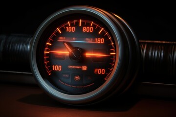 Speedometer gauge dashboard displaying speed and velocity with radiating orange light in dark