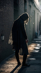 Naklejka premium silhouette of a person walking along a sunlit alley at dusk.
