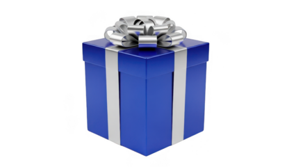 Elegant blue gift box with silver ribbon isolated on transparent background