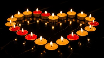 Heart shape formed by lit tea lights on dark background