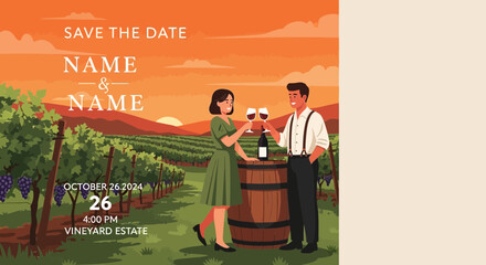 Couple toasting with wine in vineyard for save the date card.