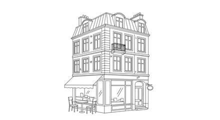 Classic European city building with multiple floors and a cafe on the ground level shown in a detailed architectural line art.