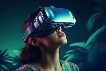 Naklejka premium Woman wearing vr headset looking up, immersing in a virtual tropical world