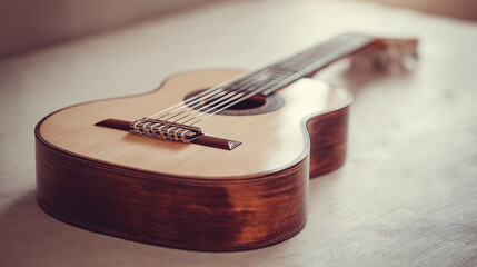 chord. A solitary acoustic guitar on a clean white background, highlighting its wooden texture under soft light. tutorial guides, club newsletters, designed for tourism and weekend activity guides.