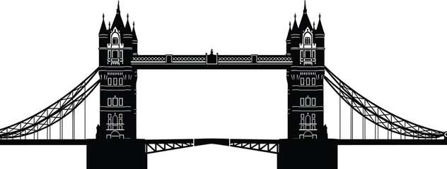 Tower Bridge London silhouette vector illustration, iconic British landmark city skyline graphic isolated on white background, United Kingdom travel tourism symbol design.
