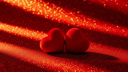 Romantic red hearts entwined together on a glittering red background with soft lighting
