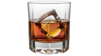 Whiskey Glass with Ice Cube glass of whiskey isolated on a transparent background