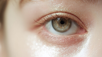 Close up of softly glowing under eye skin illuminated with natural light showing detailed texture and subtle eyelashes around green eye