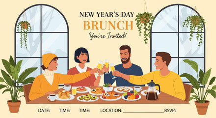 New Years Day Brunch Invitation with People Toasting.