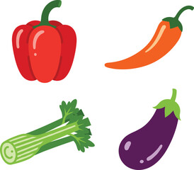 Vegetable Icon Set with Bell Pepper Chili Celery and Eggplant Flat Vector Illustration for Healthy Food and Cooking Design