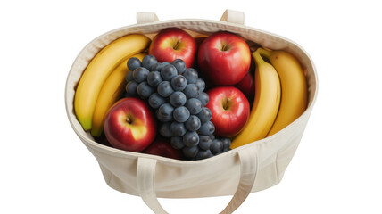 White tote bag filled with fresh fruit including apples, bananas, and grapes isolated on a transparent background