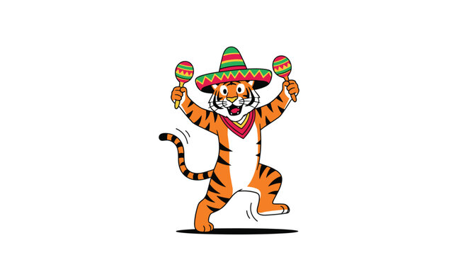 Energetic tiger cartoon character wearing a colorful sombrero and dancing while shaking two maracas for a fiesta.