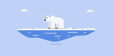 Flat Illustration of Polar Bear on Melting Ice Showing Global Warming Effects, Arctic Climate Change Impact, and Environmental Threat to Wildlife.