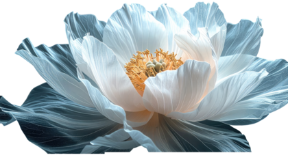 Close-up of a delicate, ethereal flower with translucent petals, a golden center, and a soft, muted color palette