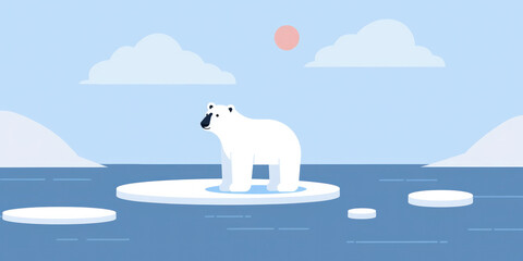 Flat Illustration of Polar Bear on Melting Ice Showing Global Warming Effects, Arctic Climate Change Impact, and Environmental Threat to Wildlife.