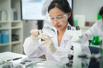 Scientist examining plant samples with magnifying glass in modern laboratory, focusing on plant biology, sustainability , environmental conservation, and innovative eco-friendly scientific solutions.