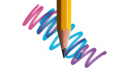 Yellow pencil with colorful scribbles pink blue isolated on a transparent background