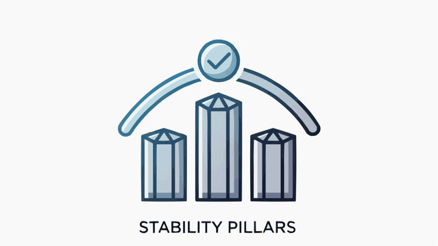 Conceptual illustration of three robust pillars supporting an arch with a checkmark, symbolizing strength, foundation, progress, and assured achievement in business or finance