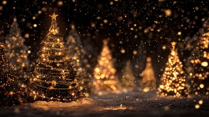 A mesmerizing, softly blurred image of several illuminated evergreen trees, shimmering with golden lights in a snowy forest. Bokeh effect highlights the celebratory atmosphere