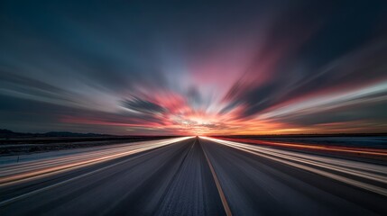 A motion-blurred view along a highway at sunset. The sky displays vibrant orange and red hues with streaks of light
