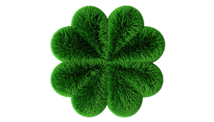 A vibrant, detailed four-leaf clover against a stark black background. The clover appears fuzzy and textured, showcasing rich green hues