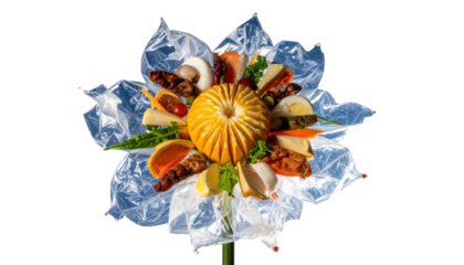A unique food arrangement crafted in the shape of a flower, showcasing various savory items against a black background
