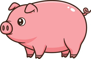 Cute Pink Pig Cartoon Character Standing Side View Flat Vector Illustration for Farm, Children, Mascot, and Animal Design