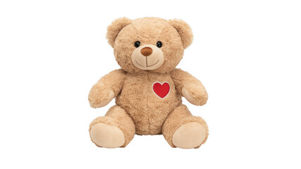 Obraz premium Light brown teddy bear with red heart on chest looking forward isolated on a transparent background