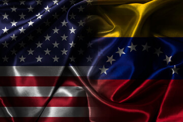 Split waving fabric flags representing USA versus Venezuela symbolizing political tension economic...