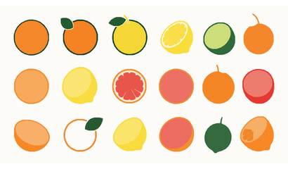 Decorative citrus fruit vector icon set with oranges lemons limes and grapefruits isolated on white