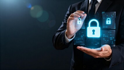 Businessman holding digital lock icons