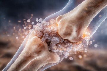 Close-up of joints with visible crystal deposits between them, illustrating gout arthritis, uric acid buildup, joint inflammation and metabolic disease concept.