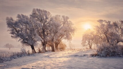A serene winter scene with snow-covered trees and a path leading toward the setting sun in a frosty landscape