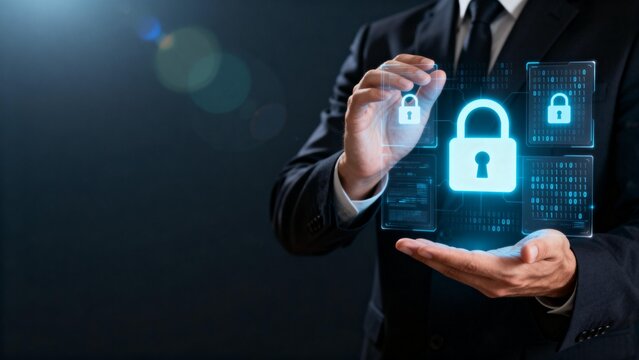 Businessman holding digital lock icons - Powered by Adobe