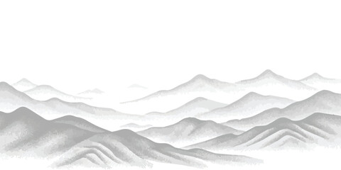 Serene landscape with layered mountains painted in traditional asian ink wash style ©  Designer