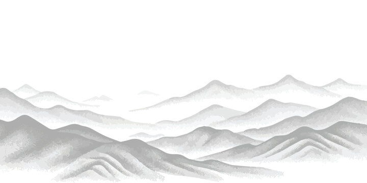 Serene landscape with layered mountains painted in traditional asian ink wash style