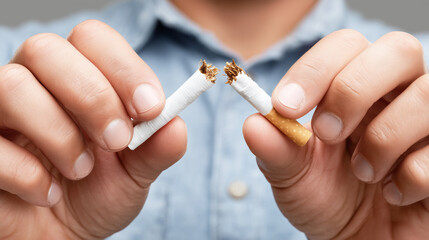 Close-up of a man breaking a cigarette in half with his hands, stop smoking concept, healthy lifestyle choice, quitting addiction and anti smoking message.
