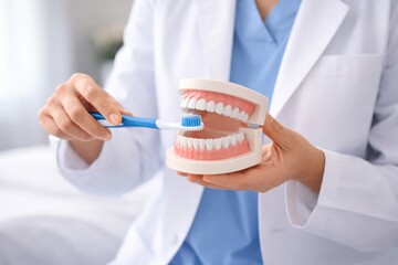 A Dental Professional Demonstrating Proper Tooth Brushing Technique Using a Model of Human Teeth to Highlight Oral Hygiene Practices for Patients