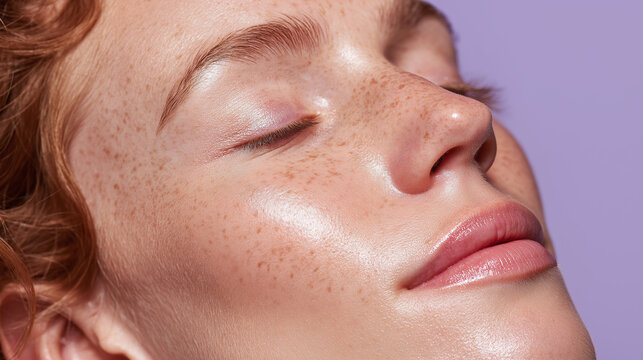 Dewy glass skin with reflective shine across nose bridge and soft natural freckles on closed eyes and pink lips, glowing healthy complexion on purple background