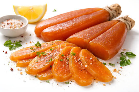 Bottarga di muggine, cured mullet roe, elegant macro, white background