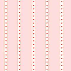 Small hearts hand drawn vintage pattern. Cute small hearts and wavy stripes girly print