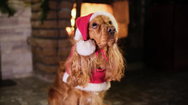 Adorable english cocker spaniel wearing a red santa claus hat and suit sitting by a cozy, warm fireplace, patiently waiting for christmas eve celebrations and looking up curiously